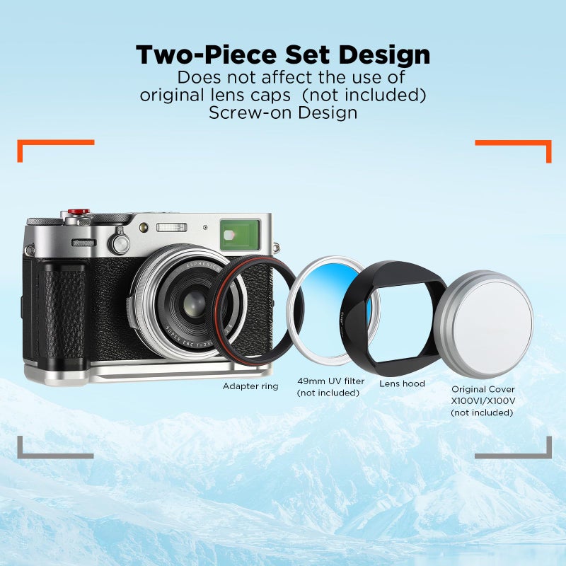 Haoge LH-X54B Square Metal Lens Hood with 49mm Adapter Ring for Fujifilm X100VI Fuji X100V Camera Black - Image 4
